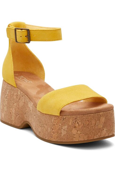 Toms Shoes - TOMS Laila Cork Platform Sandal in Yellow Suede Ankle Strap 3" Heel Womens Sz. 9
